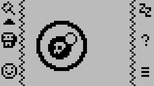 low-rez 1bit virtual pet, a skull in a bubble wanders the screen